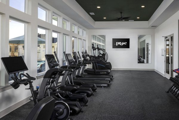 Modern fitness center equipped with machines and free weights at Prose Rhyne Apartments