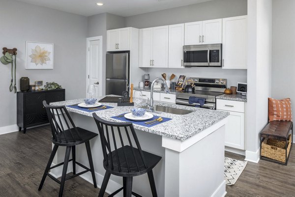 Modern kitchen featuring stainless steel appliances and granite countertops at Prose Rhyne Apartments