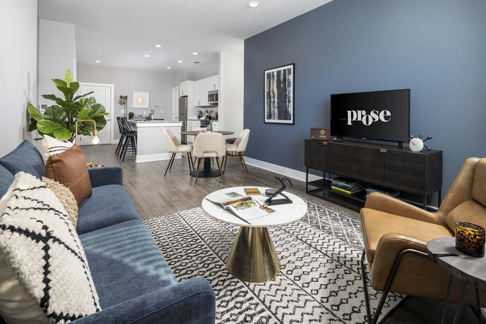 Cozy living room with modern decor at Prose Rhyne Apartments, offering luxury living in a serene environment