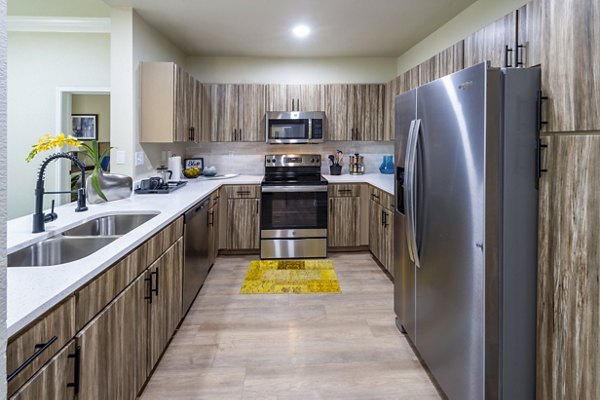 Modern kitchen with stainless steel appliances in 4001 Midtown Apartments