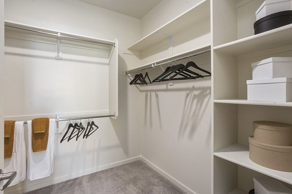 Walk-in closet with ample shelving at Prose Desert River Apartments, luxury rental by Greystar