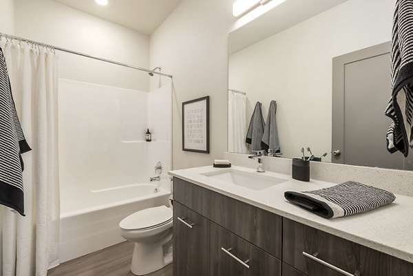 H2O Townhomes Apartments: Modern bathroom with sleek fixtures in luxury apartment living