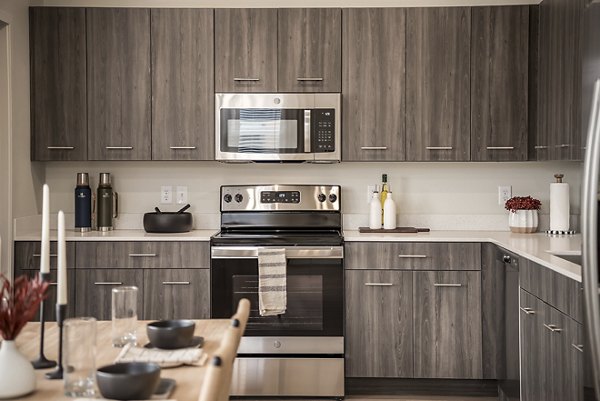 Modern kitchen with stainless steel appliances at H2O Townhomes Apartments