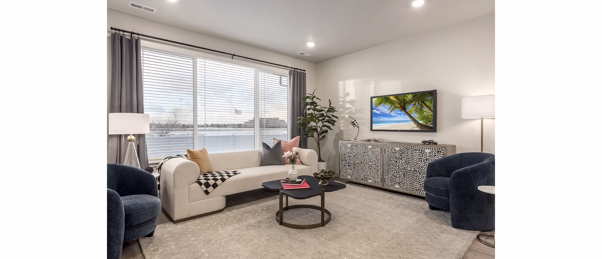 Spacious living room with contemporary design at H2O Townhomes Apartments
