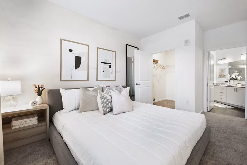 Luxurious bedroom with modern design elements at Mira Crystal Lake Apartments