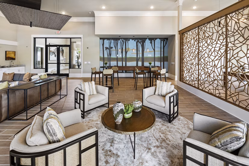 Stylish clubhouse featuring modern furnishings at Mira Crystal Lake Apartments