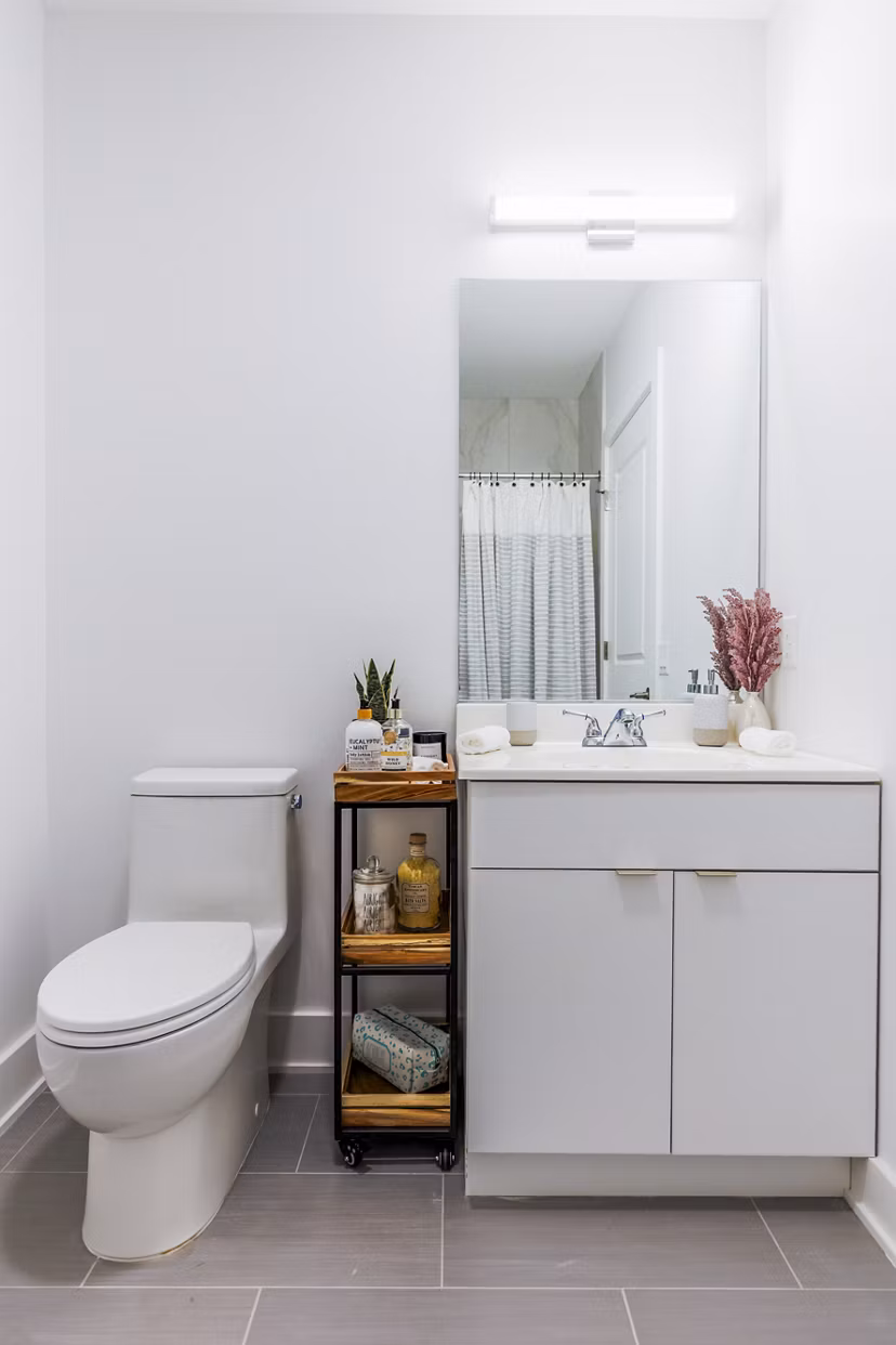 Modern bathroom featuring sleek fixtures at BELA Apartments, luxury living in Bayonne, NJ