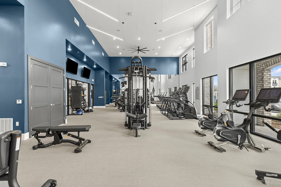 State-of-the-art fitness center at Marlowe South Tampa Apartments with modern equipment and spacious workout area