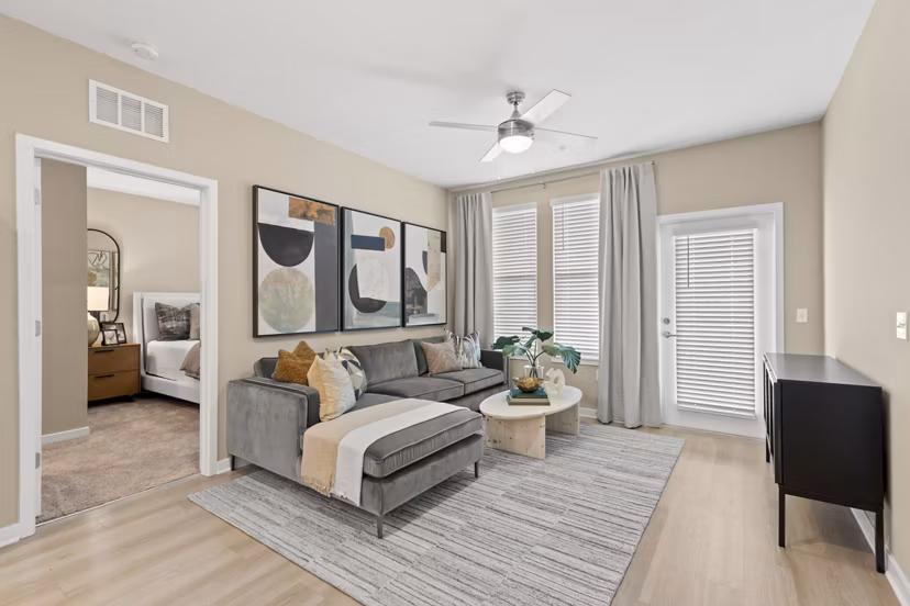 Spacious living room with modern decor in Marlowe South Tampa Apartments