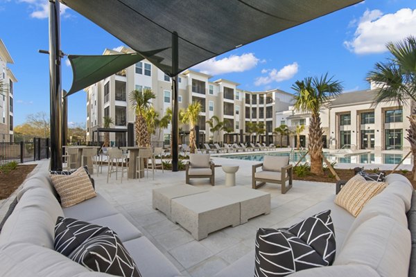 Scenic courtyard with lush landscaping and seating area at Milano Apartments