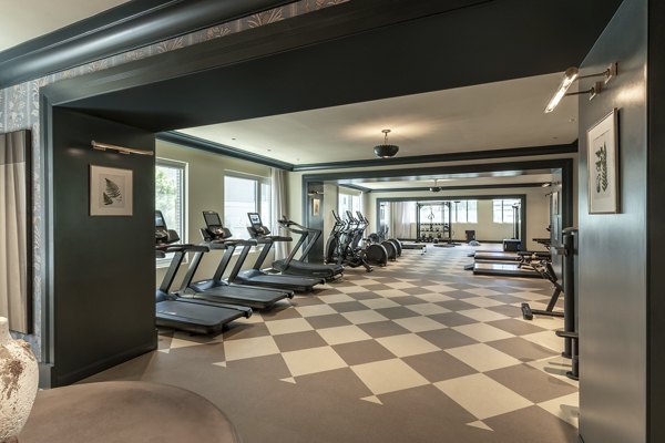 Modern fitness center with advanced equipment at The Commodore Apartments, offering residents a premium workout experience