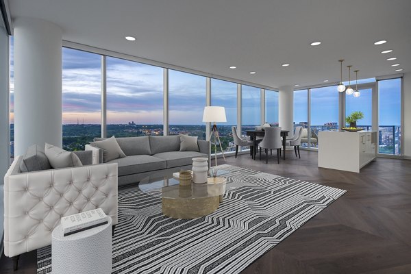 Spacious living room with elegant decor in The Commodore Apartments