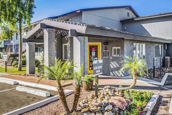 Clubhouse and leasing office with modern design elements at Monterey Village Apartments