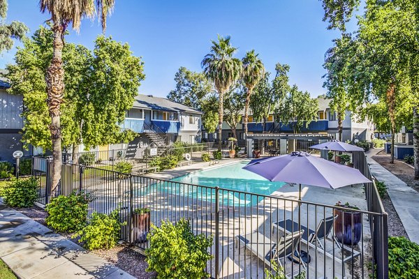 Resort-style pool with palm trees at Monterey Village Apartments offering luxurious amenities and leisure space