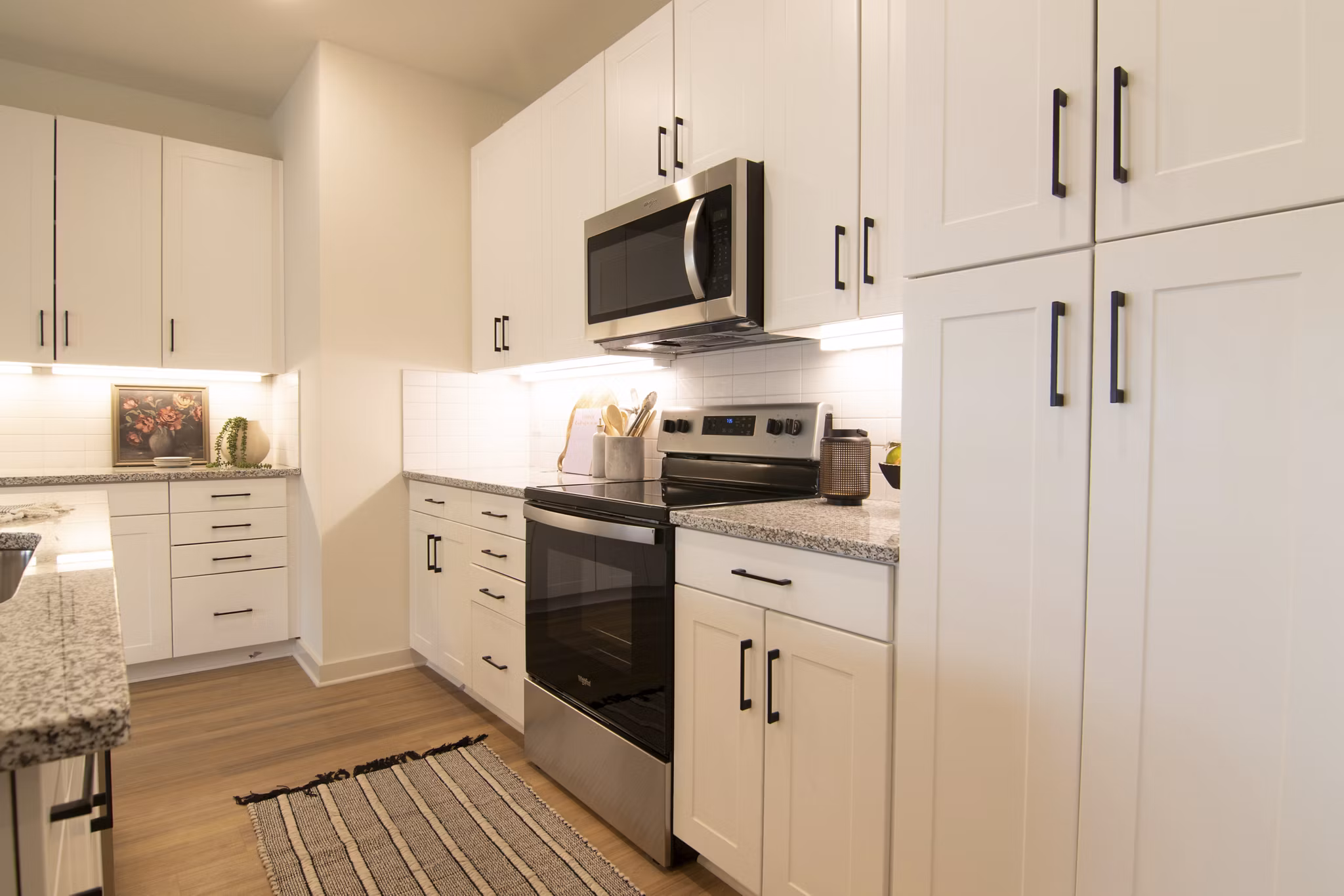 Sleek kitchen featuring stainless steel appliances at Sage North Apartments, a Greystar luxury property