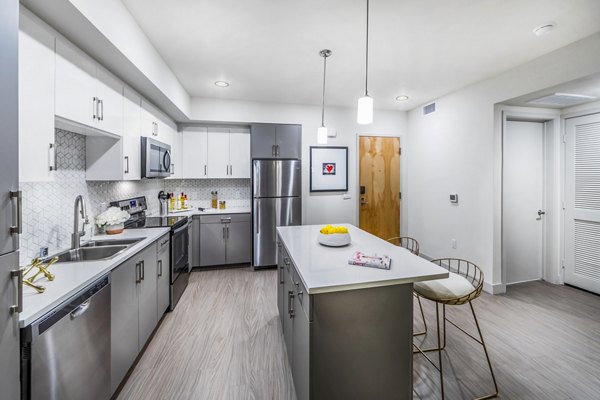 Modern kitchen with stainless steel appliances at Aliso Apartments