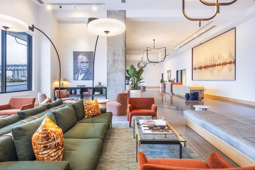 Modern clubhouse with contemporary design at FoundryLine Apartments, offering luxury amenities and social spaces for residents