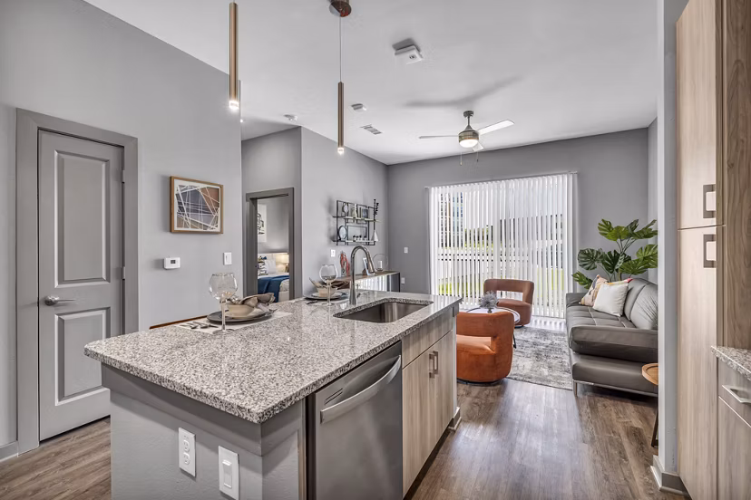 Sleek modern kitchen featuring stainless steel appliances at Haven at Mansfield Apartments