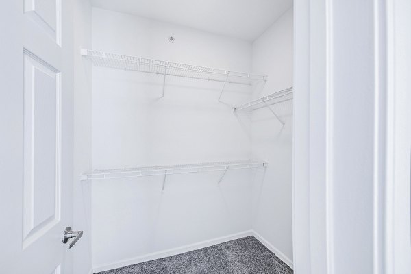 Spacious bedroom closet with built-in shelving in Aventura Clear Creek Apartments