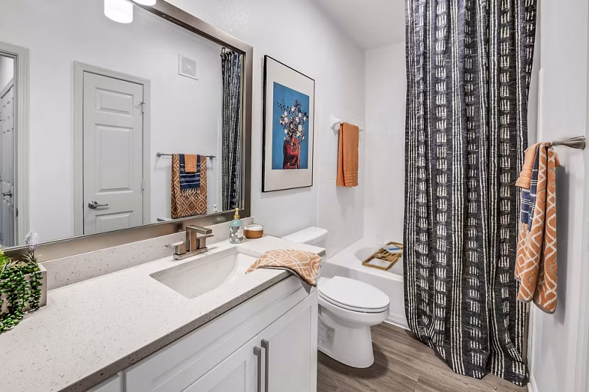 Bathroom featuring modern fixtures and elegant design at Aventura Clear Creek Apartments