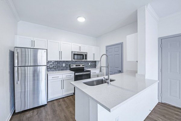 Modern kitchen with stainless steel appliances at Aventura Clear Creek Apartments