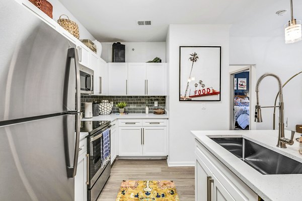 Modern kitchen with stainless steel appliances and granite countertops at Aventura Clear Creek Apartments