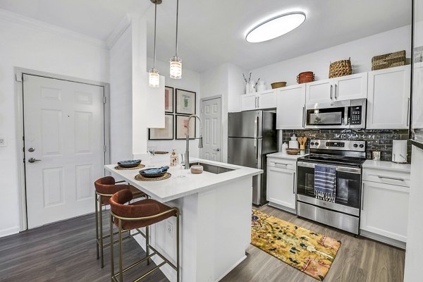 Modern kitchen with granite countertops and stainless steel appliances at Aventura Clear Creek Apartments
