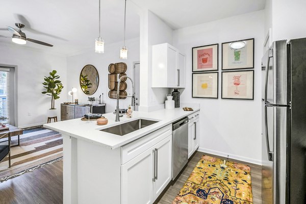 Modern kitchen with stainless steel appliances and granite countertops at Aventura Clear Creek Apartments