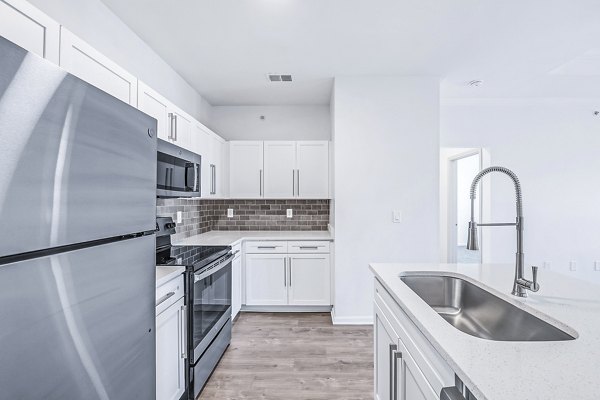 Modern kitchen featuring stainless steel appliances at Aventura Clear Creek Apartments