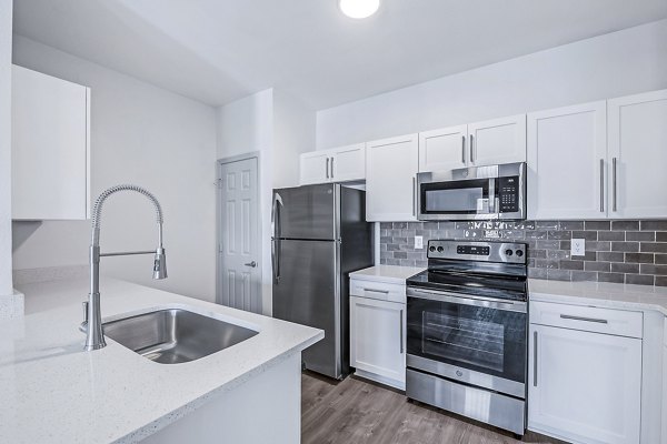 Modern kitchen with stainless steel appliances at Aventura Clear Creek Apartments