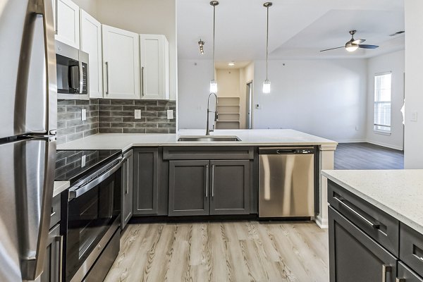 Contemporary kitchen with stainless steel appliances at Aventura Falcon Valley Apartments