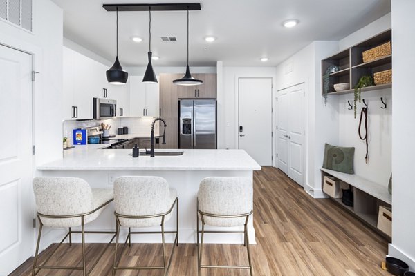 Modern kitchen with stainless steel appliances at Rye Charlotte Ave Apartments