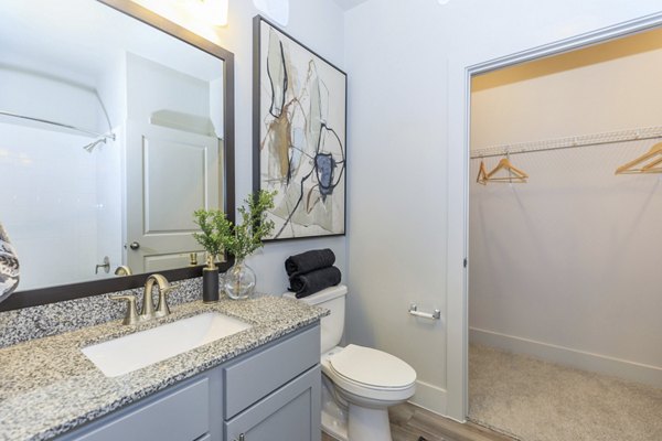 Modern bathroom with sleek fixtures in Reserve at Lake Jackson Apartments offering luxury living near natural attractions