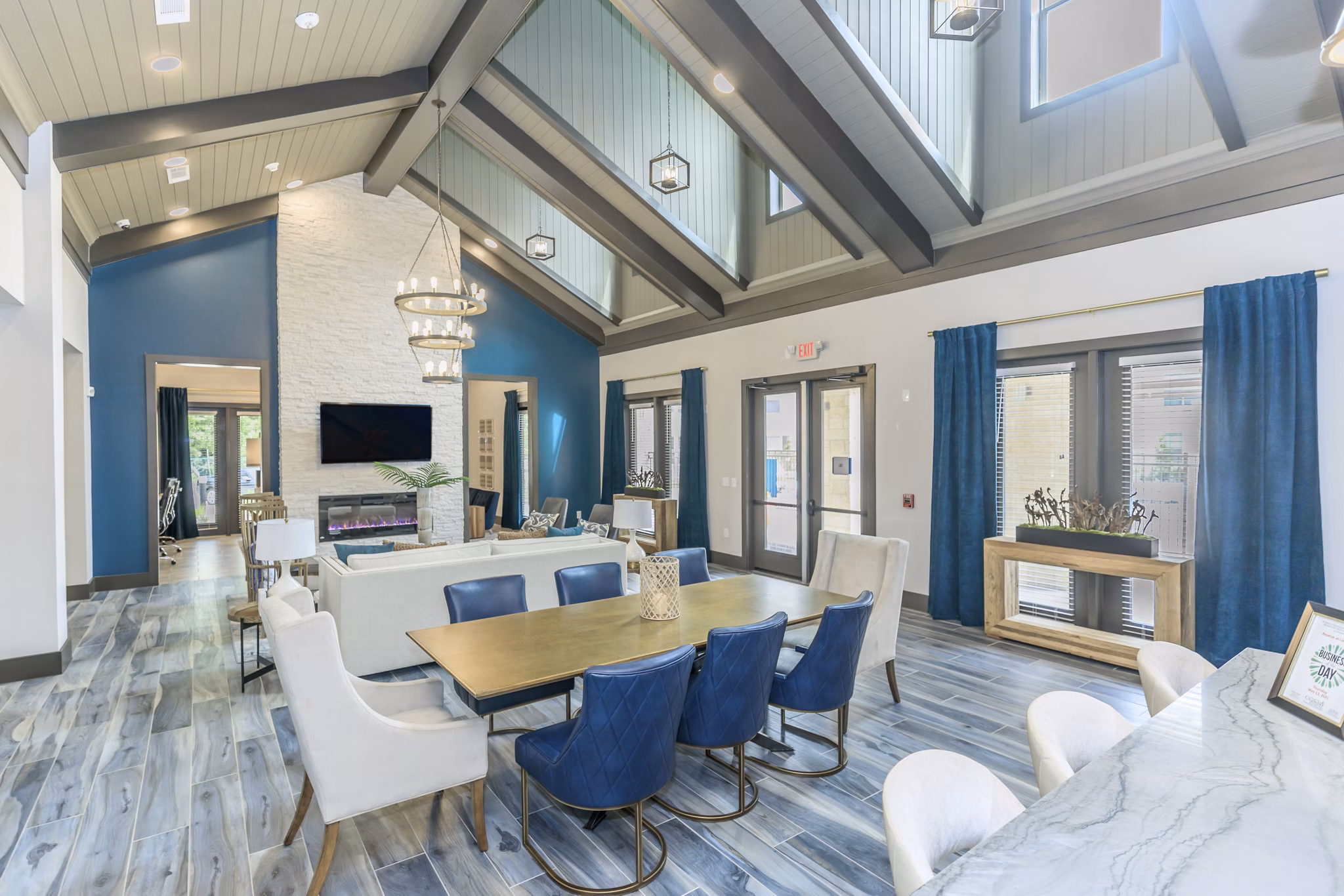 Stylish clubhouse with modern seating and decor at Reserve at Lake Jackson Apartments, perfect for gatherings and relaxation
