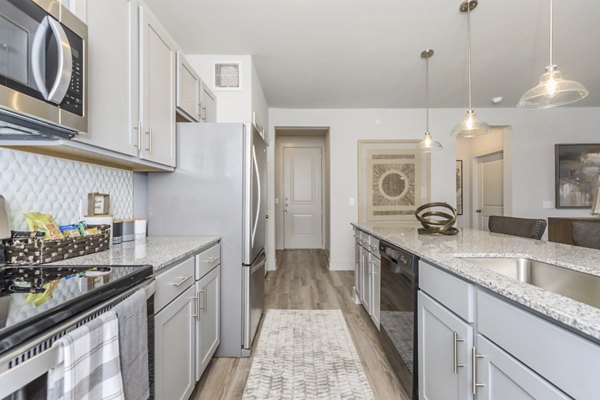 Modern kitchen featuring stainless steel appliances in Reserve at Lake Jackson Apartments