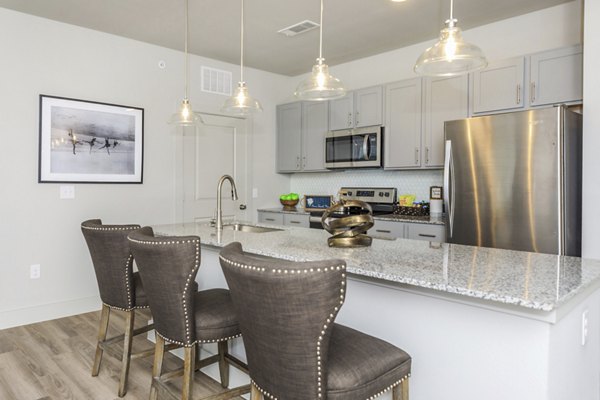 Kitchen featuring stainless steel appliances and granite countertops in Reserve at Lake Jackson Apartments