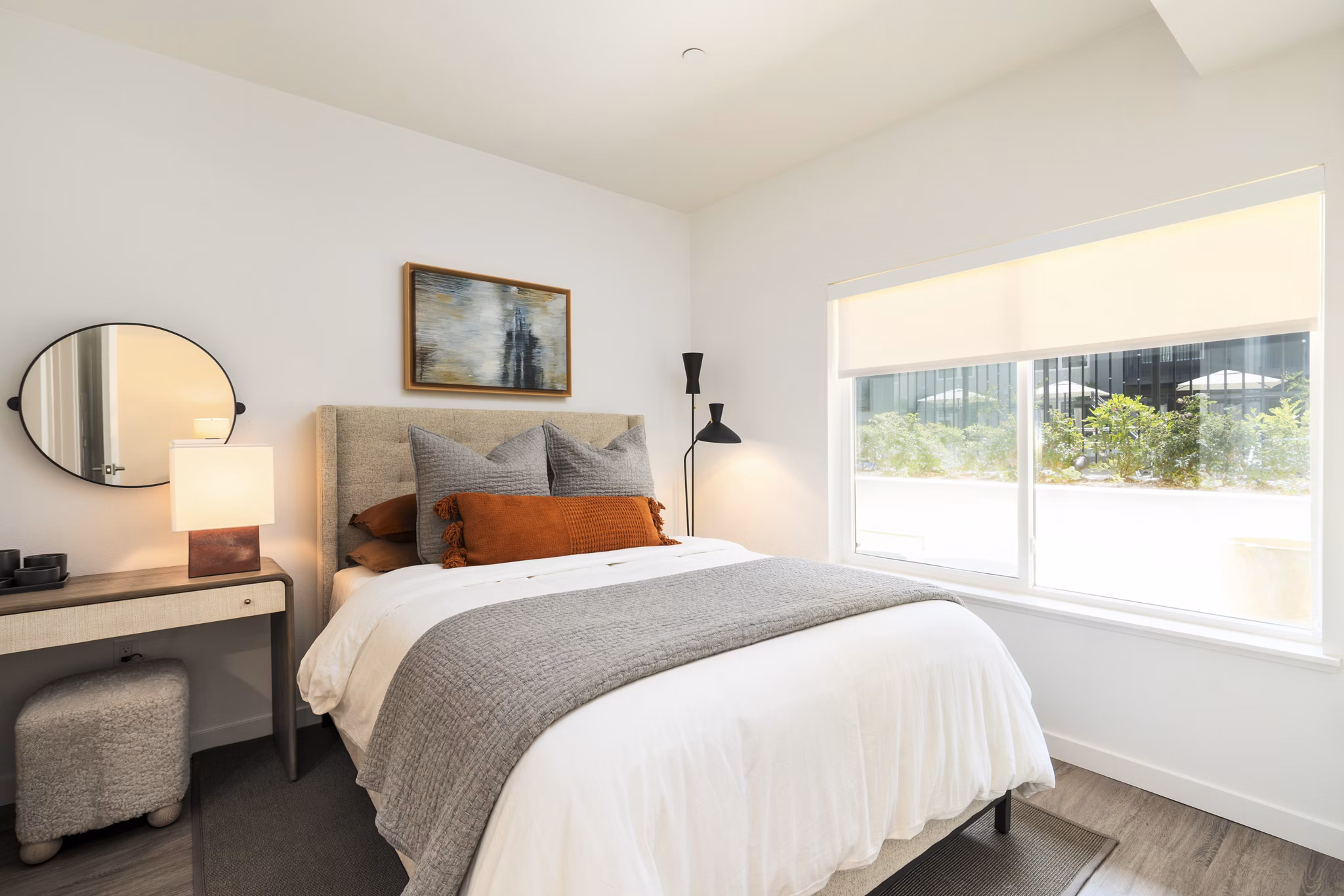 Cozy bedroom with modern decor at The Hayden Apartments