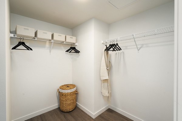 Walk-in closet with ample shelving at The Hayden Apartments
