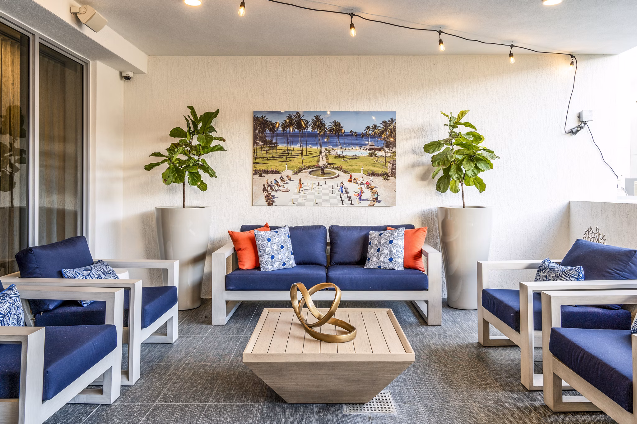 Scenic patio with comfortable seating at Overture Doral Apartments, luxury community in Doral, perfect for outdoor relaxation and views