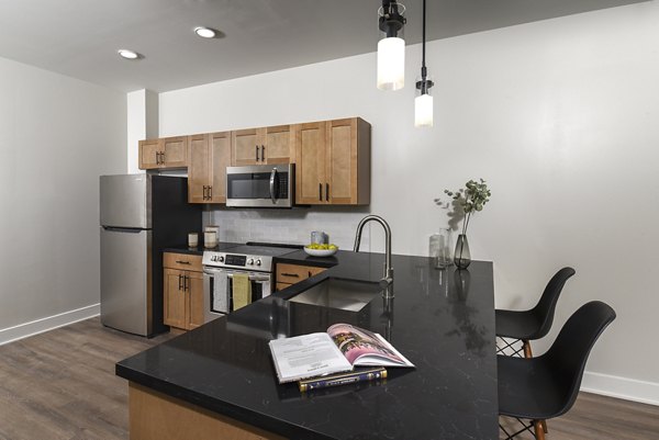 Modern kitchen with sleek countertops and stainless appliances at Hagert and York Apartments, offering luxury living spaces