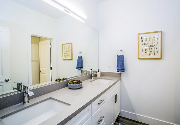 Luxurious bathroom with marble countertops and sleek fixtures at Townes at Peace Way Apartments