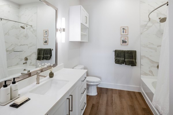 Modern bathroom with elegant fixtures at The International at Valley Ranch Apartments