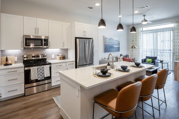 Modern kitchen with sleek cabinetry and stainless steel appliances at The International at Valley Ranch Apartments