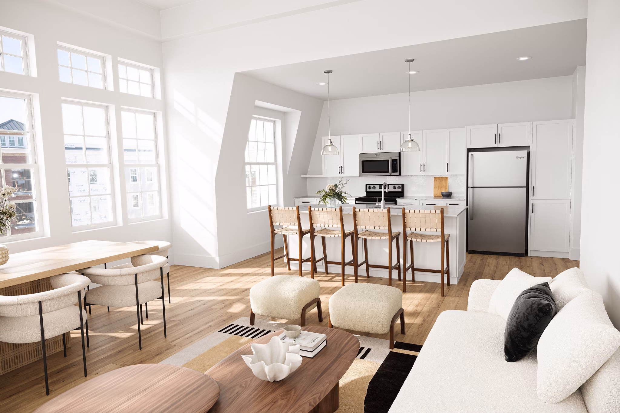 Spacious living room with modern decor at Shoregate Apartments