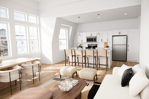 Spacious living room with modern decor at Shoregate Apartments