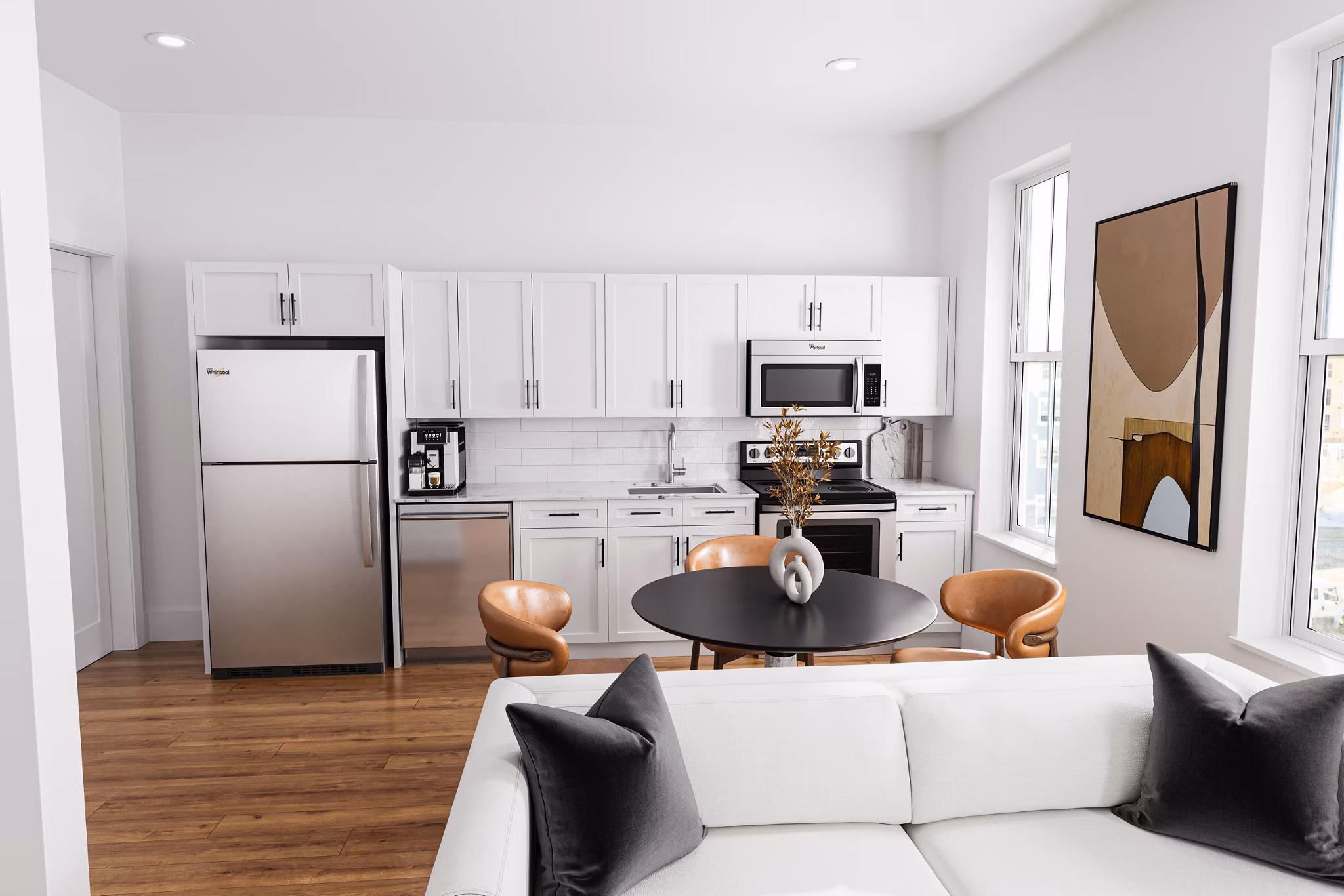 Spacious living room with modern decor at Shoregate Apartments