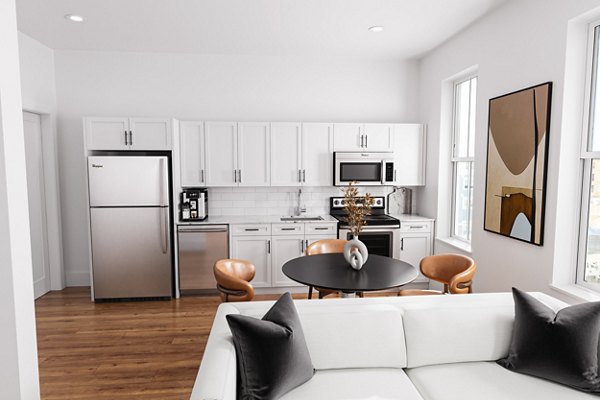 Spacious living room with modern decor at Shoregate Apartments