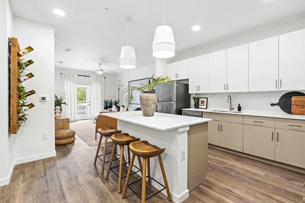 Modern kitchen with stainless steel appliances and granite countertops in Soluna Apartments