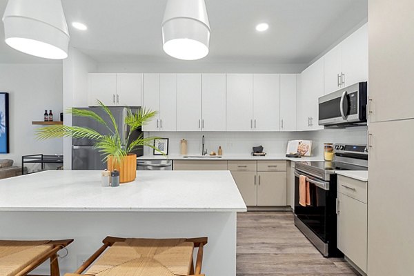 Modern kitchen with stainless steel appliances at Soluna Apartments