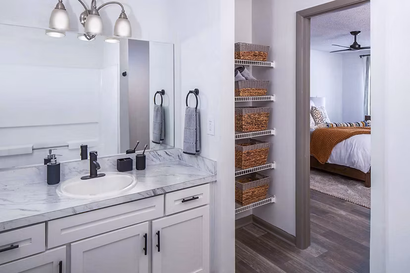 Modern bathroom with sleek fixtures at The Oakley Apartments